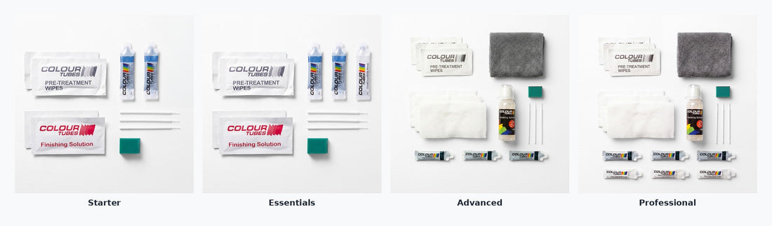 Colourtubes kit comparison: Starter, Essentials, Advanced and Professional kits laid out side by side