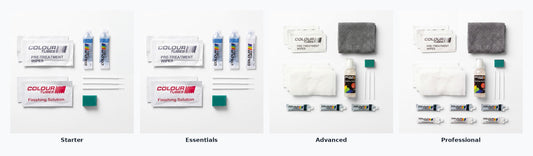 Colourtubes kit comparison: Starter, Essentials, Advanced and Professional kits laid out side by side